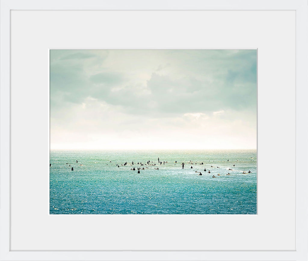 Surfers surf Surfrider in Malibu with blue green water and a cloudy sky. Available as a horizontal from 8x10 to 30x45. Printed on archival luster matte paper. - PRINTSHOP by Denise Crew
