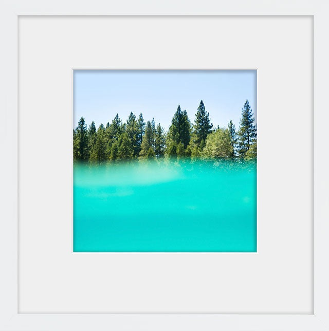 An abstract image of turquoise water and green pine trees. Available in square and horizontal formats from size 5x5 up to 30x45. Printed on archival luster matte paper. - PRINTSHOP by Denise Crew