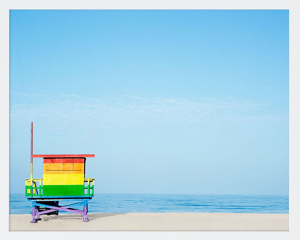 A rainbow lifeguard tower on the beach. Available in square or horizontal formats from sizes 5x5 up to 30x45. Printed on archival luster matte paper. - PRINTSHOP by Denise Crew