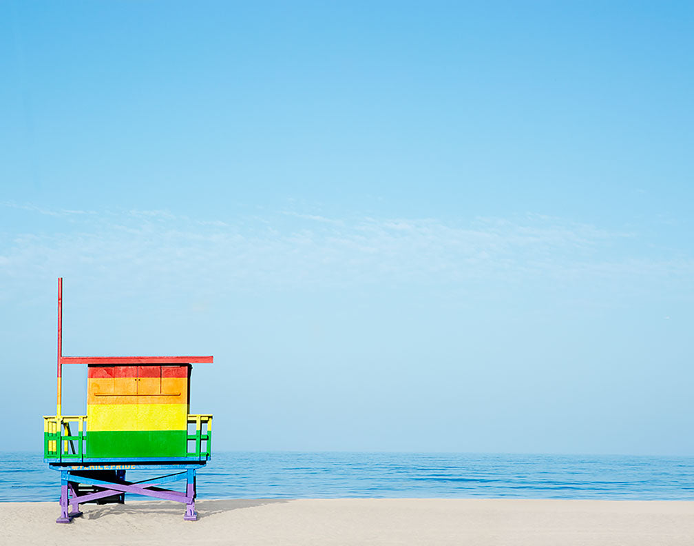 A rainbow lifeguard tower on the beach. Available in square or horizontal formats from sizes 5x5 up to 30x45. Printed on archival luster matte paper. - PRINTSHOP by Denise Crew
